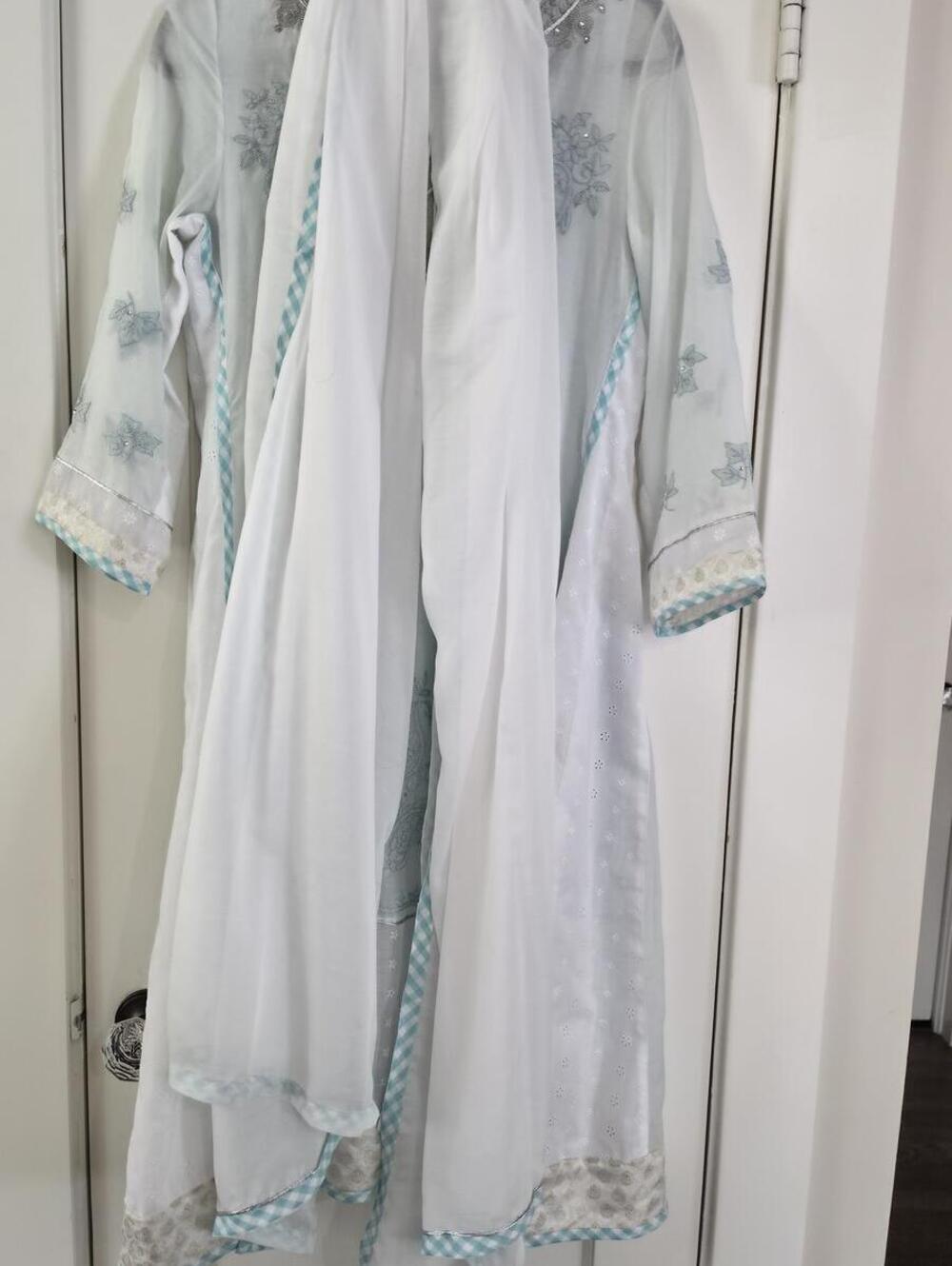 Elegant Light Blue Embroidered Kurta with White Dupatta